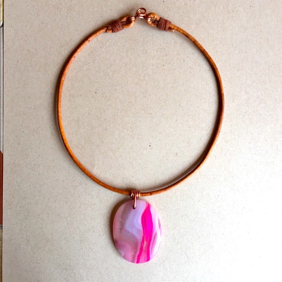 NEW Polished Agate Stone Pendant Copper Wire Wrap 16" Boho Choker Necklace - Picture 5 of 10